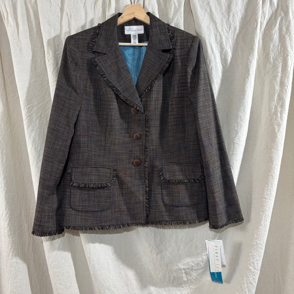 First Issue Liz Claiborne Vintage 90s Blazer Brown Fringe Trim Tweed Size 14 NWT